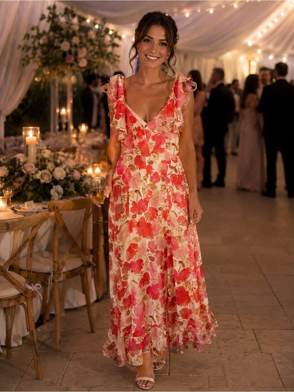 London Times Floral Ruffle V-Neck Maxi Dress - Pink Cream